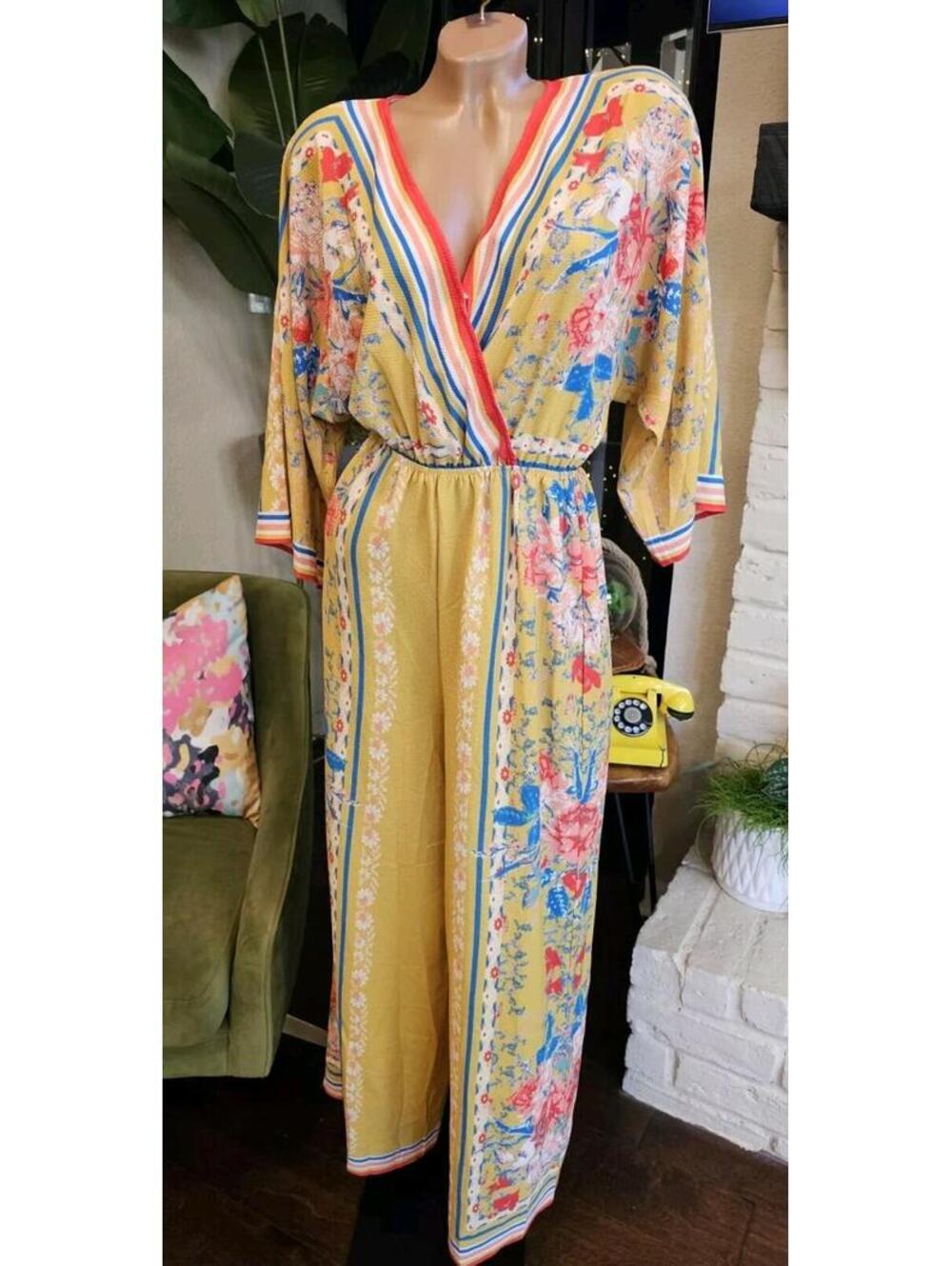 Flying Tomato Yellow Floral Wrap-Style Jumpsuit